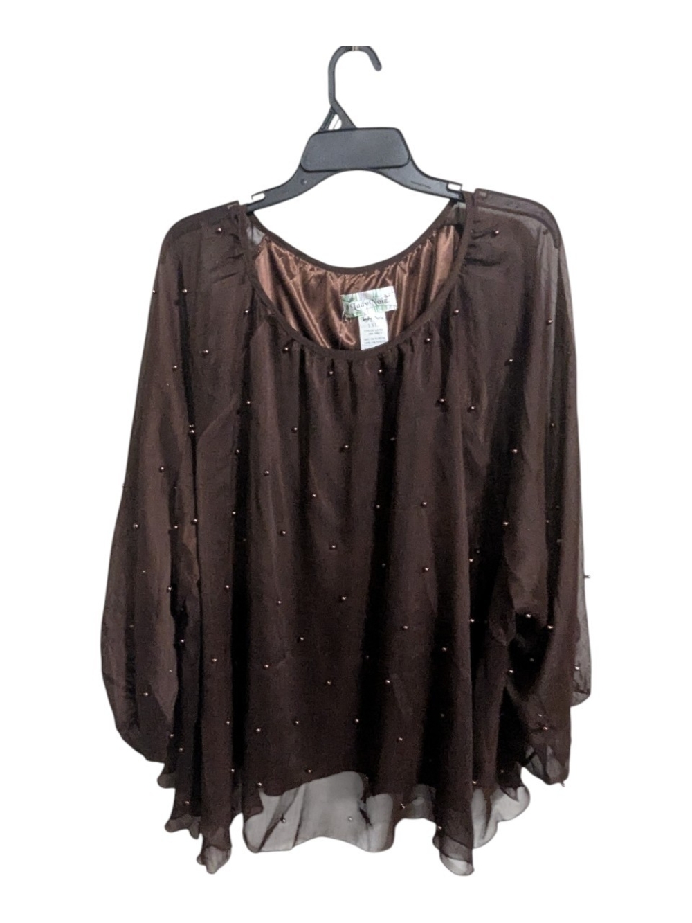 Lady Noiz Brown Blouse Top Sz 1XL Beaded Sheer W/ Lining Beading W-589